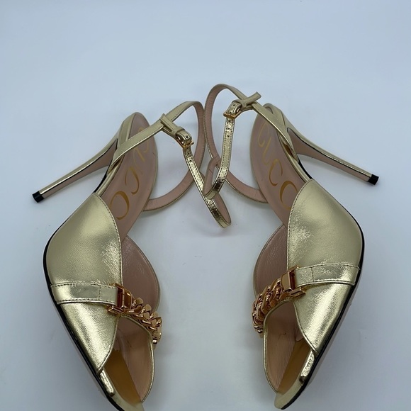 Gucci Gold Metallic Leather Chain link square toe strapy heels 37.5 - Picture 4 of 12